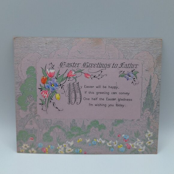 Vintage Rust Craft Easter Card For Father Floral Design Shiny Scrapbook Ephemera - Picture 1 of 5